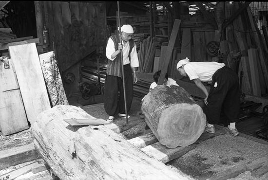 本榧の製材作業の光景