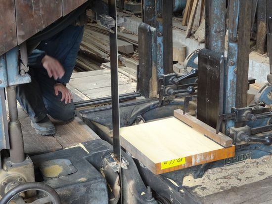 本榧の製材作業の光景